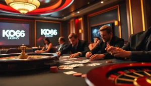Trải nghiệm sự phấn khích tại KO66 với một cảnh casino hấp dẫn featuring chips poker và bánh xe roulette.