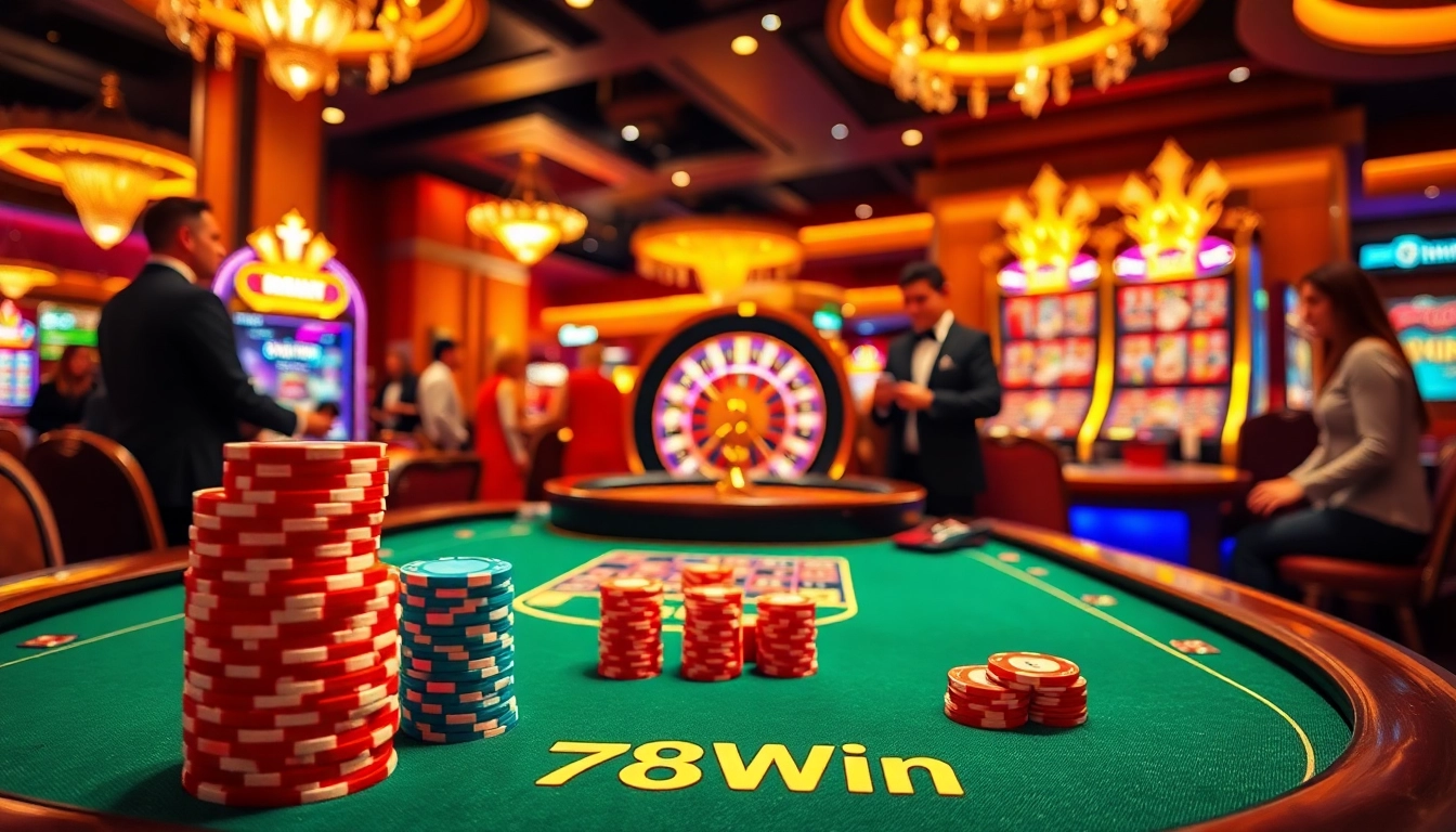 Players engaging in high-stakes poker at 78Win's luxurious casino, featuring vibrant chips and a roulette wheel.