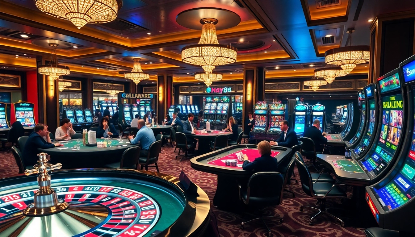 The luxurious casino atmosphere at https://hay88.my/ with vibrant gaming tables and high-stakes poker.