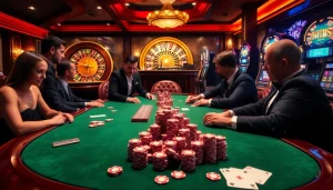 Engaging poker players strategize their next moves at https://one88.eu.com/ in a luxurious casino setting.