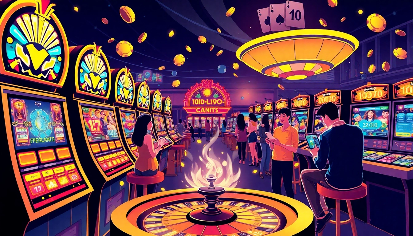 Nohu90 gamers winning at slot machines with vibrant colors and casino elements, showcasing excitement.