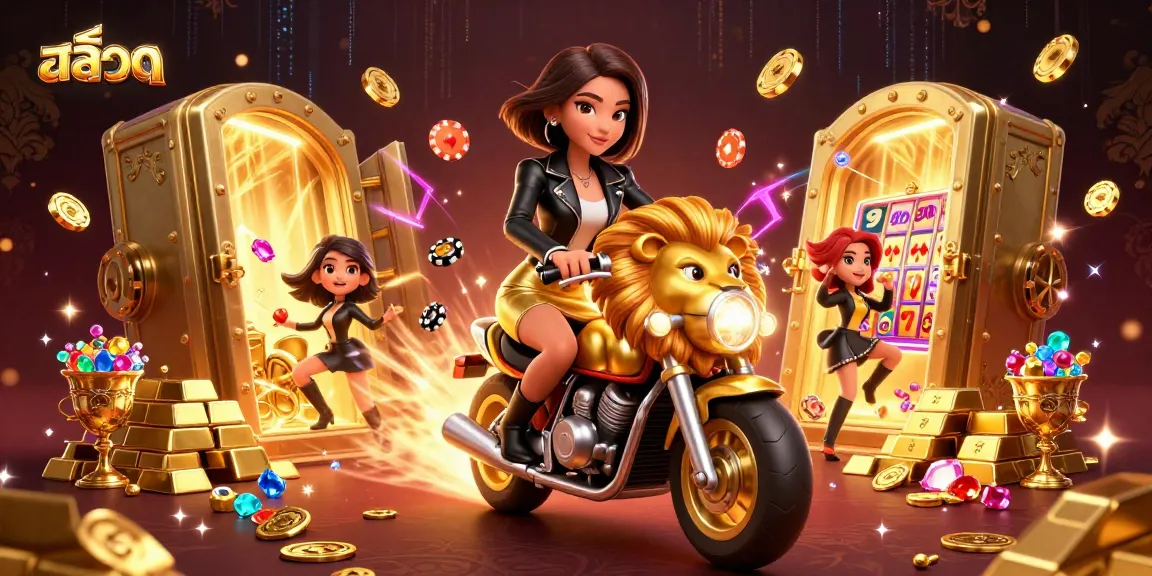 Experience thrilling สล็อต action with a glamorous character riding a golden lion amidst treasures.