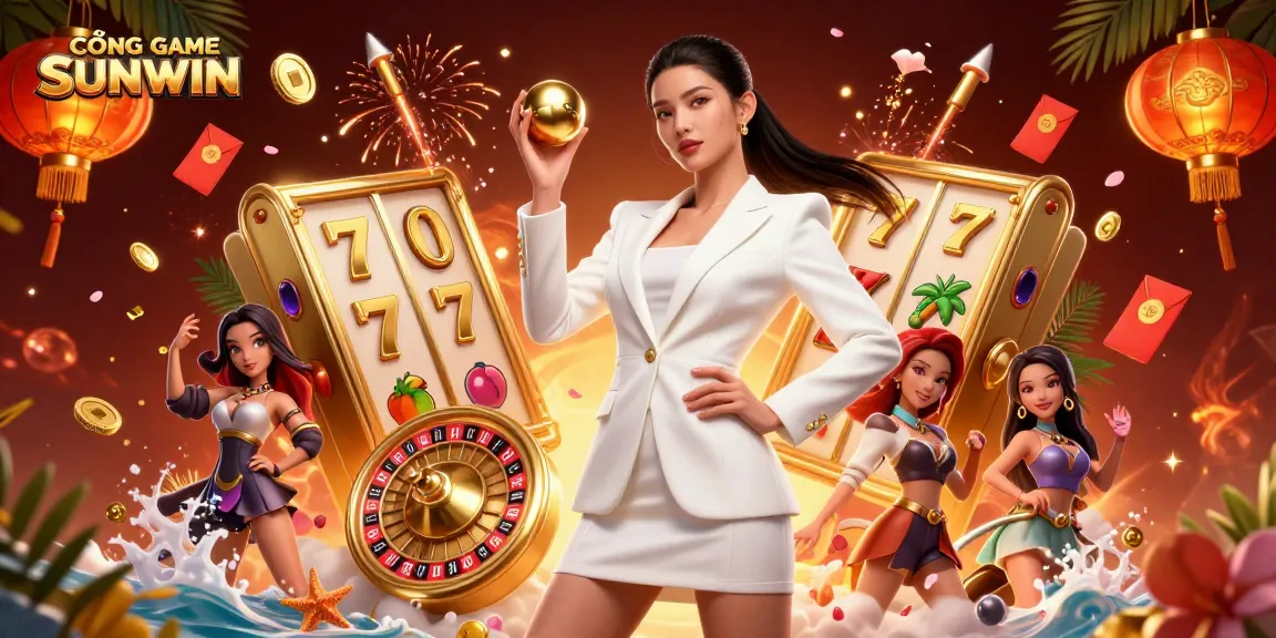 CỔNG GAME SUNWIN presents an immersive gaming experience with dynamic visuals of slot reels and jackpot elements.