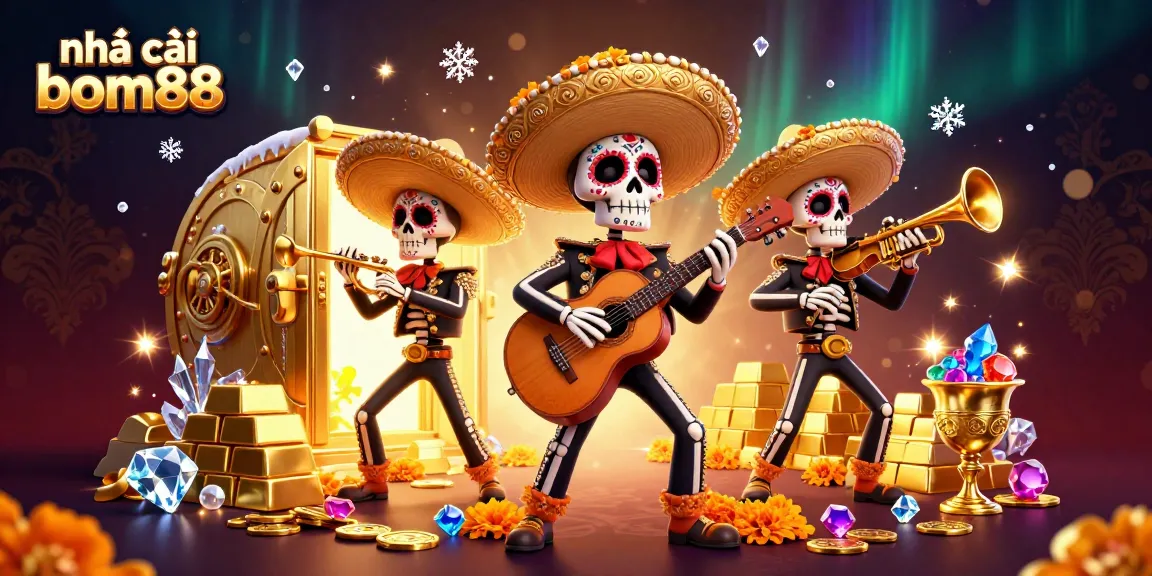 Experience the excitement at nhà cái bom88 with vibrant casino-themed 3D illustration featuring a mariachi band.