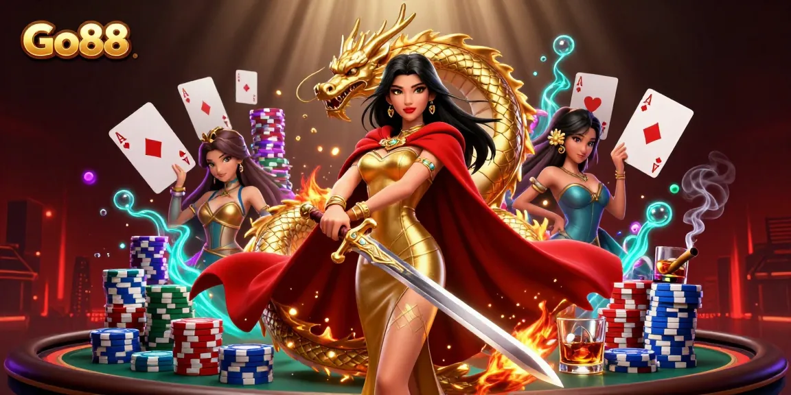 Engage with Go88’s exciting poker scene featuring a warrior queen and dynamic game elements.
