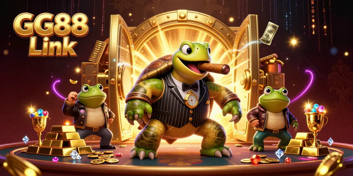 Experience the excitement of GG88 Link with a dynamic casino scene including vibrant characters and treasures.