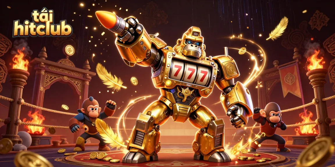 Experience the thrill of tải hitclub with an explosive golden gorilla mech in a vibrant casino arena.