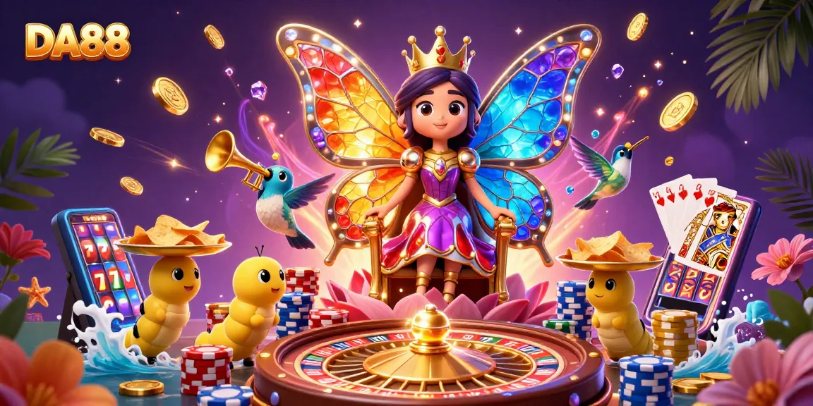Engage in fun gaming adventures with DA88, featuring a vibrant butterfly queen amidst golden rewards and casino excitement.