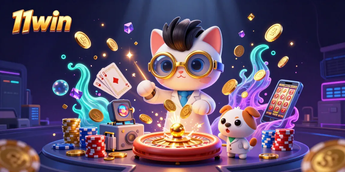11win showcases a dynamic casino scene with a cartoon cat and dog amidst gold coins and sparkling gems.