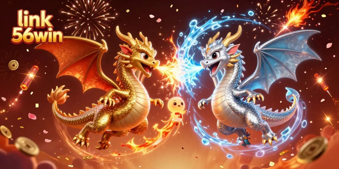 Bet big with link 56win, featuring dynamic dragons, jade coins, and festive celebration!