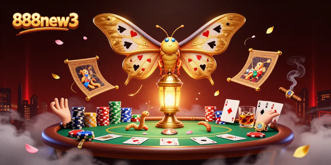 Experience thrilling moments at 888new3 as a majestic atlas moth adorns a vibrant casino scene.