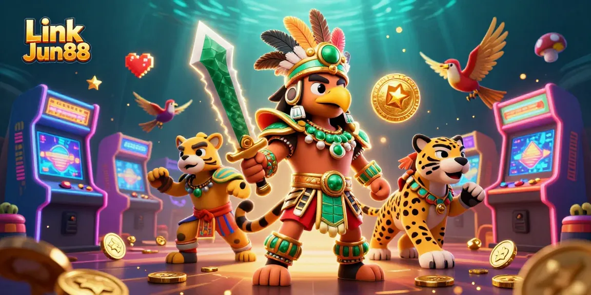 Experience thrilling gaming action with Link Jun88 as Aztec warriors engage with colorful casino elements.