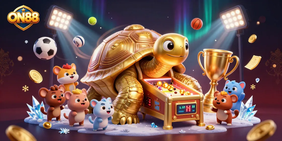 Experience thrilling gaming excitement with ON88's unique golden tortoise pinball casino illustration.