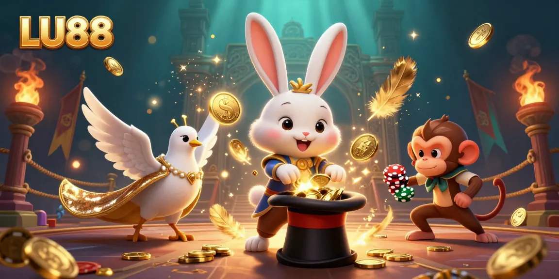 Engage with LU88's thrilling games featuring a magician rabbit, a dove, and a monkey around gambling elements.