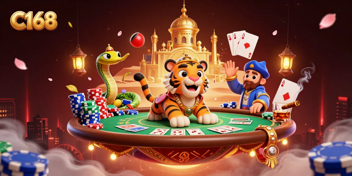 C168 provides a vibrant casino experience, showcasing a tiger sultan on a carpet of poker chips, surrounded by cards and chips.