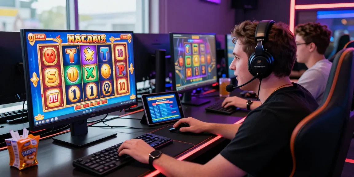 Excited player enjoying slot gacor game on a vibrant gaming setup, showcasing colorful graphics and engaging atmosphere.